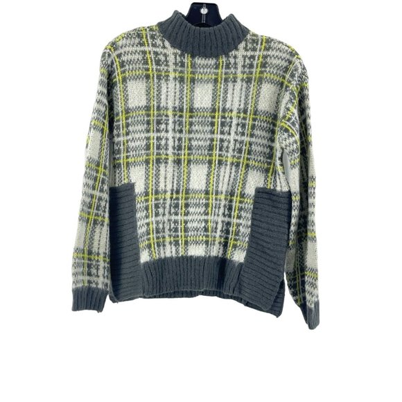 Nine West Women's Gray White Yellow Plaid Knit Sweater High Neck Top Size XS - Picture 2 of 9